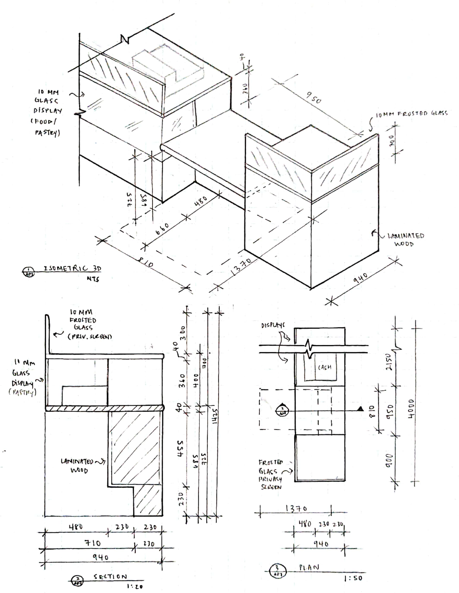 AD7 Service Counter- 3D, Section, Plan